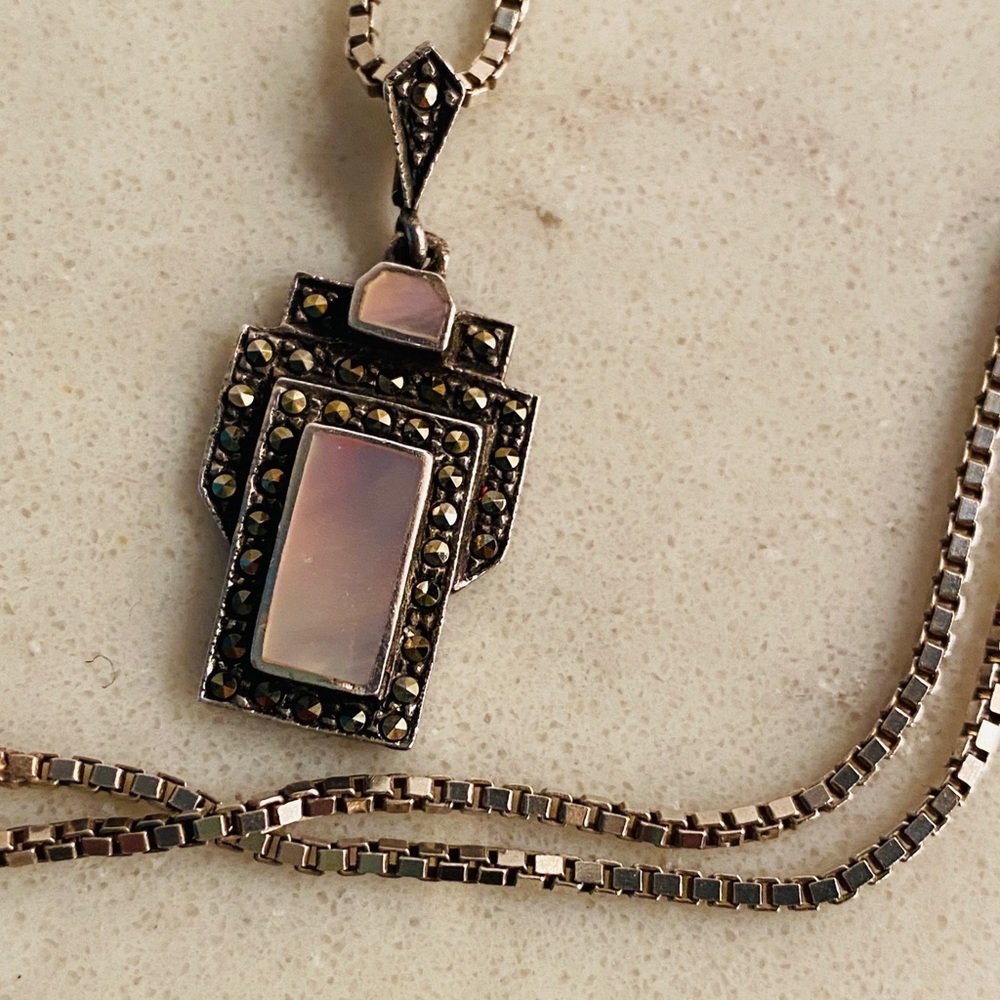 Vintage Deco Marcasite Mother of Pearl Necklace SS